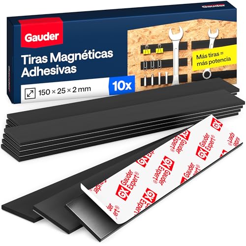 GAUDER Cinta magnética adhesiva - Potentes tiras magnéticas para objetos metálicos - Cintas magnéticas precortadas con adhesivo (10 piezas - 15 cm x 2 mm x 2 mm)