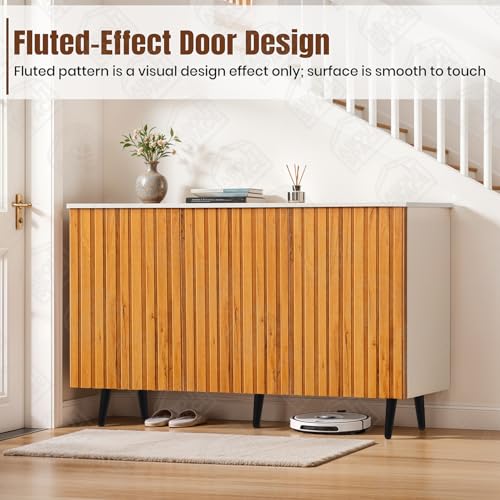 Image of ABOUT SPACE Shoe Cabinet - 3 Tier Shoe Rack with Door | Press Open 3 Door Engineered Wood Shoes Stand for Home | Smooth Non-Fluted-Effect Adjustable Shelf Raised Legs, 15 Pair |White & Teak