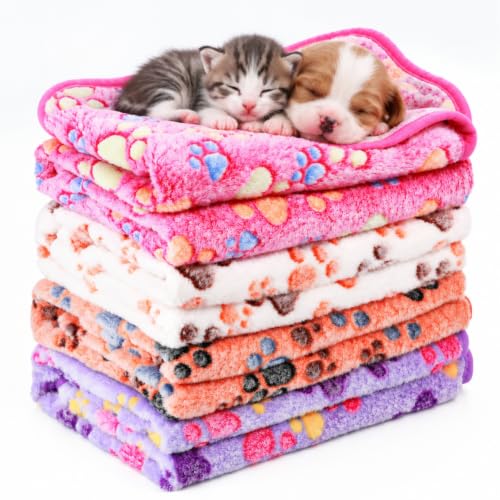 4 Mantas de Cachorro Perro Manta de Polar de Estampado de Huellas para Mascota Pequeño Mediano Alfombrilla de Dormir Cálida para Gato Estera de Jaula Suave para Cobayo(S,Blanco, Café, Rosa, Morado)