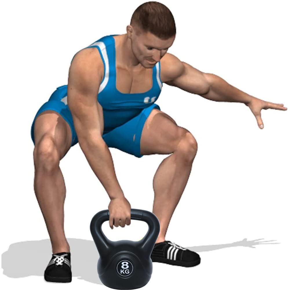 BAKAJI Kettlebell 8 Kg di Peso in PVC e Cemento per Palestra, Fitness, Riabilitazione, Esercizio, Allenamento Forza, Impugnatura Ergonomica Anti-Scivolamento, Fondo Piatto per Maggiore Stabilità