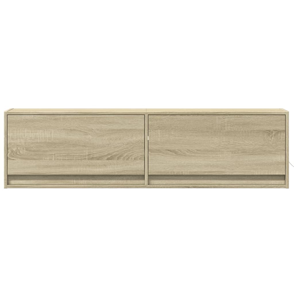 Mueble de TV de pared con iluminación LED RGB, roble de sonoma, 140 x 31 x 38 cm, mueble de TV colgante con 2 cajones, mueble de pared con luz de fondo ajustable, moderno debajo de la TV