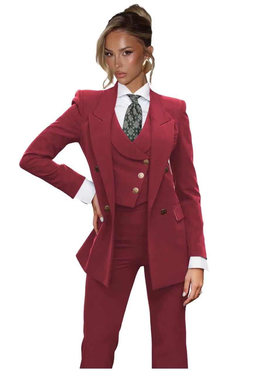 Formal Suits for Women 3 Piece Set Double Breasted Peak Lapel Business Womens Suit Wide Leg Business Womens