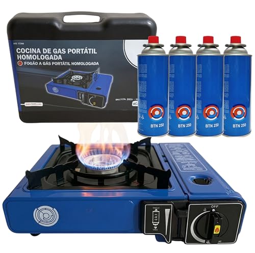 Camping Gas Portatil con Bombona, Pack Hornillo + 4 Cartuchos, Hornillo Camping Gas Portátil,...
