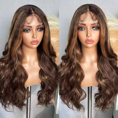 SOKU Highlight Brown Wavy Wigs for Black Women Long Body Wave Lace Front Wig 26 Inch Glueless Middle Part Wig Pre Plucked Hairline with Baby Hair for Daily Wearing