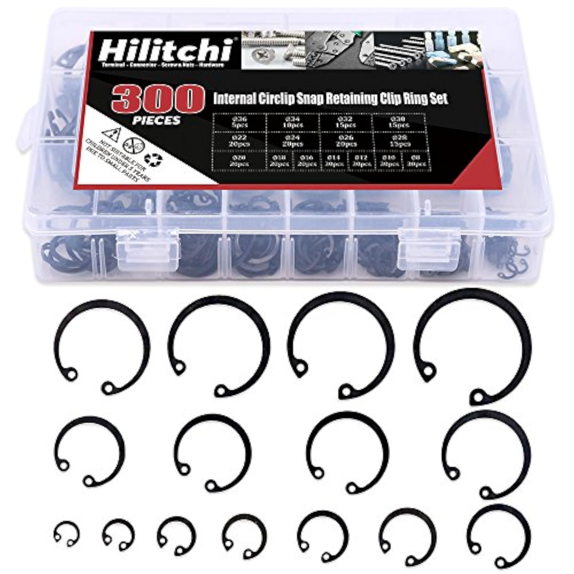300-Pcs Alloy Steel Internal Circlip Snap Retaining Clip Ring Set