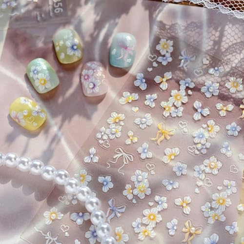 Image of Flower Nail Stickers Decals Holographic Floral Nail Decals 5D Embossed Self Adhesive with Pearl Design for Women DIY Manicure Charms Supply Decoration