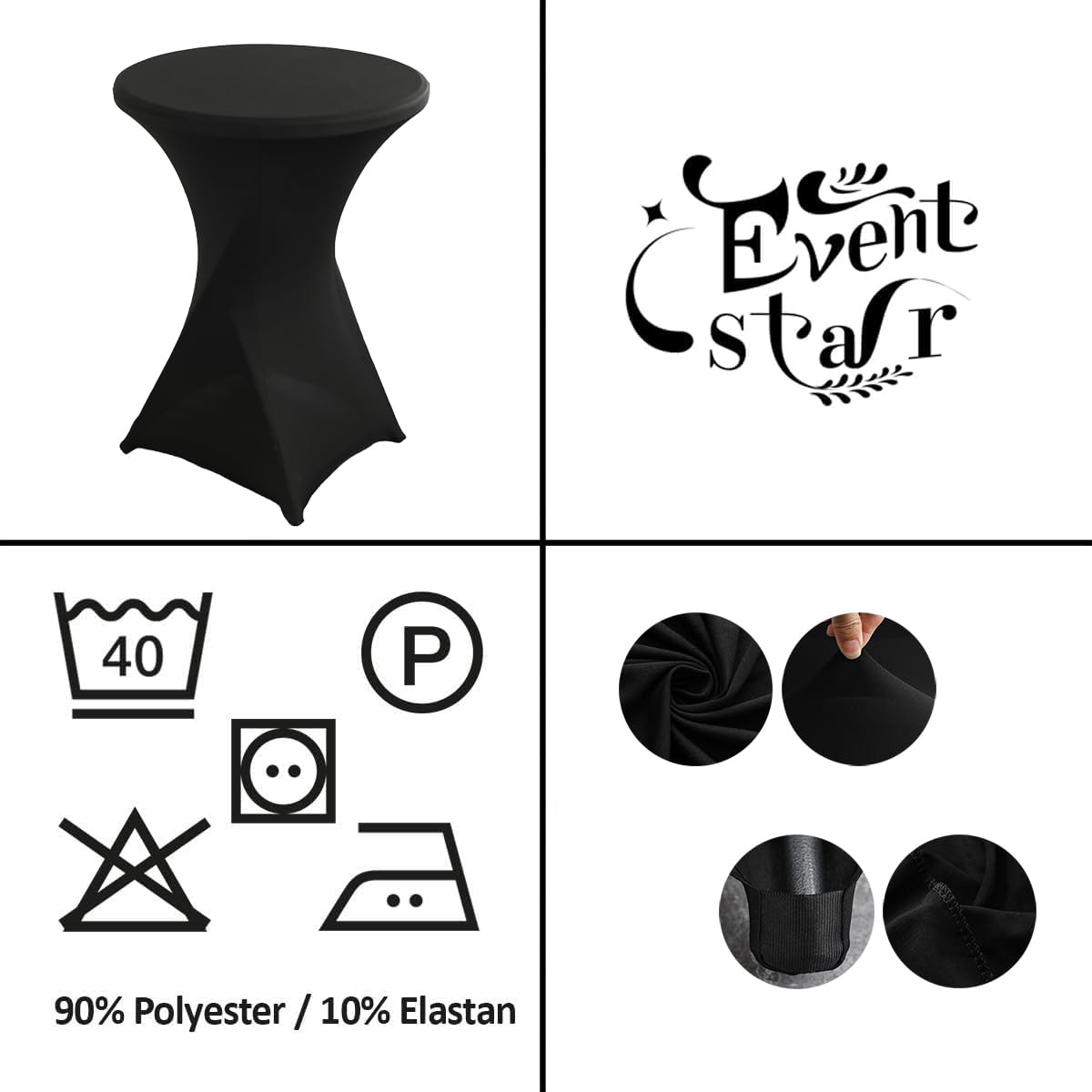 Housses Extensibles en élasthanne pour Table de Bistro, Noir, diamètre 80-85 cm, Lot de 5
