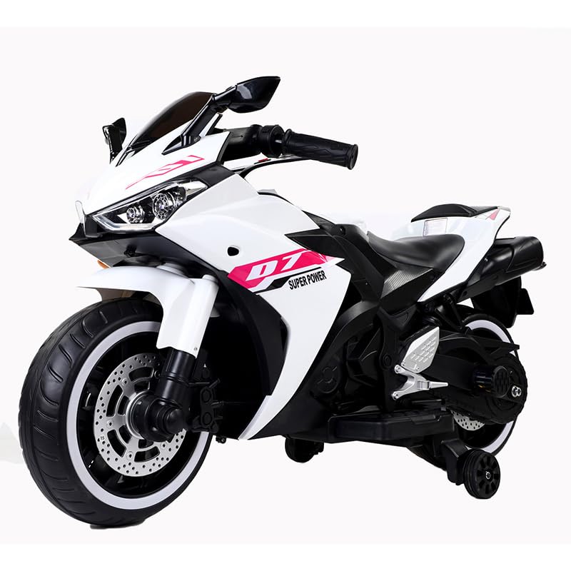 Kids Motorcycle,Tamco 12V Motorcycle for Kids 3 4 5 6 Years Boys Girls with Training Wheels, Speed by Hand,Foot Brake,PU seat,Lightting Wheels (White)