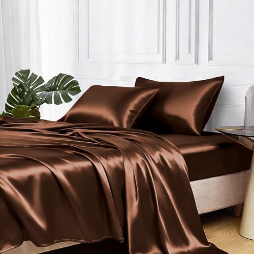 Image of MR&HM Satin Bed Sheets, Full Size Sheets Set, 4 Pcs Silky Bedding Set with 15 Inches Deep Pocket for Mattress (Full, Brown)