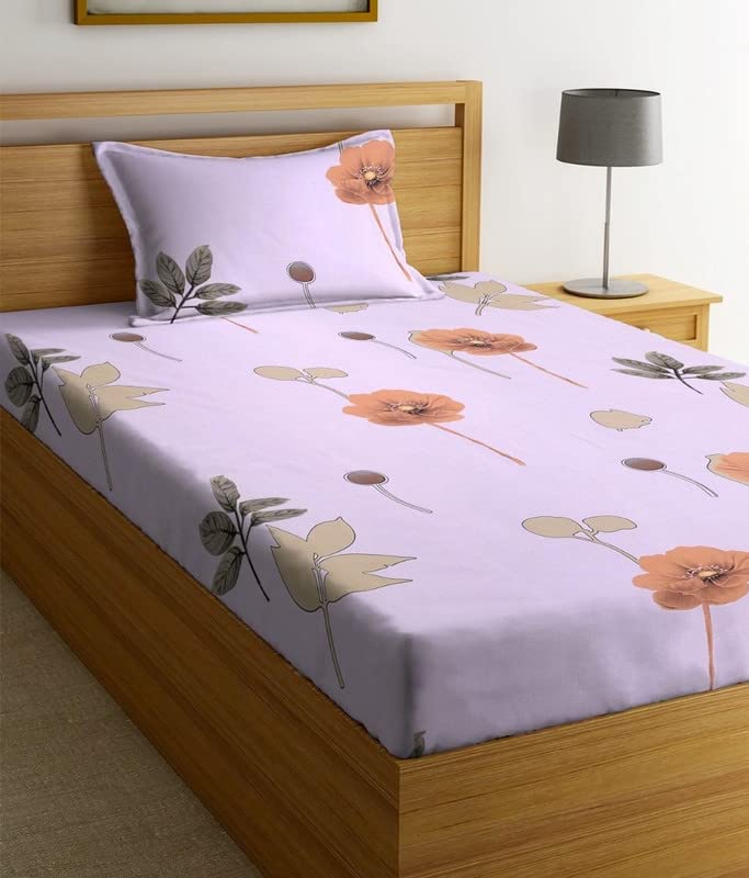 Image of NHD HOME Premium Glace Cotton 180 TC Flat Single Bedsheets for Summer Breathable | Wrinklefree (Size-60 X 90 Inch) with 1 Pillow Covers (Size-17 X 27 Inches, Pinkished Flower Printed)