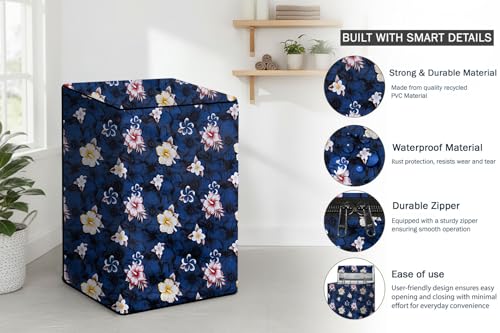 Image of Stylista PVC Washing Machine Cover Compatible for Samsung 7 KG Fully-Automatic Top Load WA70N4420BS /TL, Floral Pattern Blue