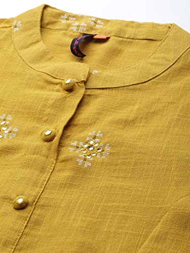 Image of ishin Women's Cotton Mustard Yellow Embroidered A-Line Kurta set With Salwar