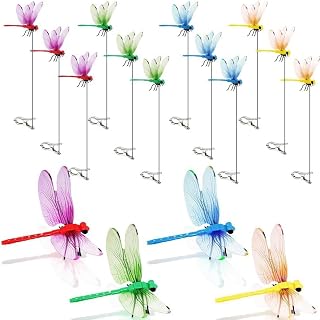 12 Pack Dragonfly Clips, Realistic Fake Dragonfly Hummingbird Garden Stakes, Multipurpose Plastic Yard Ornaments for Outdoor Decor, Patio, Hats, Fly Deterrent for Horses, Deer, Indoor Outdoor Use