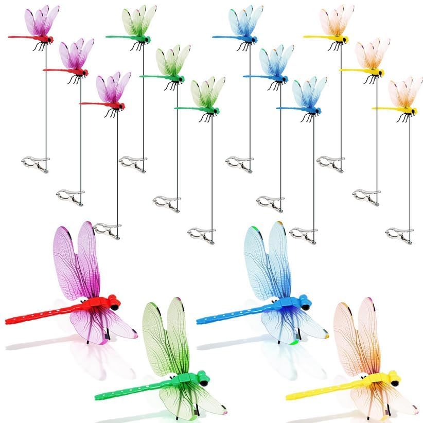 12 Pack Dragonfly Clips, Realistic Fake Dragonfly Hummingbird Garden Stakes, Multipurpose Plastic Yard Ornaments for Outdoor Decor, Patio, Hats, Fly Deterrent for Horses, Deer, Indoor Outdoor Use