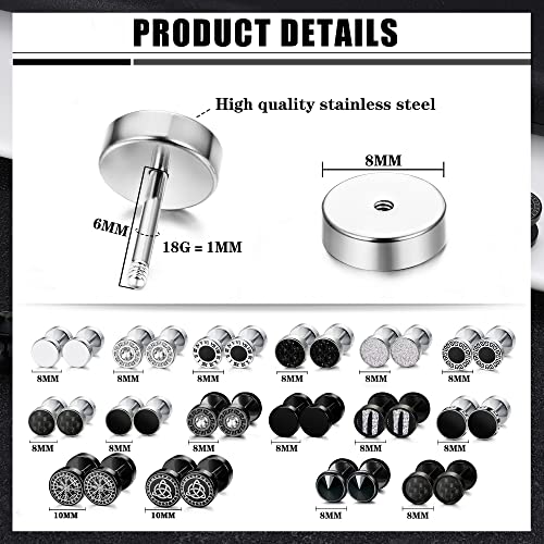 FUNRUN JEWELRY 16Pairs Stainless Steel Tunnel Fake Gauge Stud Earrings for Men Women Round Plug Earrings 18G2