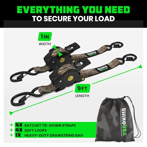 Image of Rhino USA x Realtree Retractable Ratchet Straps (4PK) 1 inchx 9' (1,209lb Break Strength)- Heavy Duty Auto Self Retracting Tie Down Straps for Truck, Cargo Trailer, Motorcycle, ATV, UTV- Realtree APX Camo