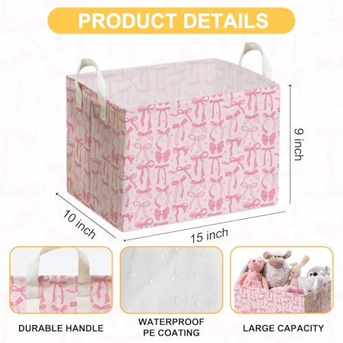 Image of Pink Bow Foldable Storage Bins, Waterproof Toy and Clothes Organizer for Nursery Room, Pink Cute Decorative Fabric Basket for Girls Bedroom, Foldable Gift Box for Game Room, Bow Party Decor