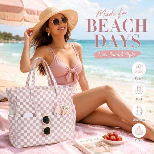 Image of LEDAOU Large Beach Bag Women Waterproof Sandproof Zipper Beach Tote Pool Bag for Swim Gym Grocery Travel with Wet Pocket