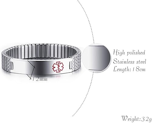 Miniatura 2 de Pulsera extensible de identificación para alerta médica, de acero inoxidable, unisex, para hombre y mujer (grabado gratuito)