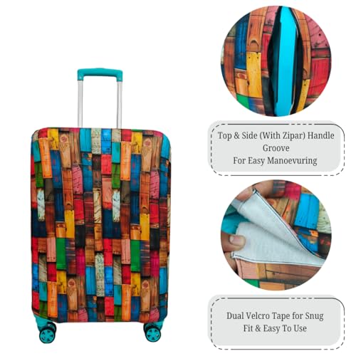 Image of Printed Travel Luggage Cover for Suitcase - Stretchable & Scratchproof Trolley Bag Protector (1, Colorful Wooden, Medium)
