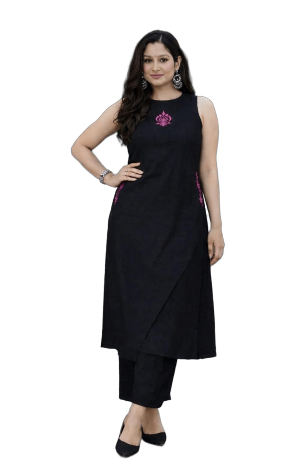 Women's Black Sleeveless Kurta with Pants Set, Pink Embroidery, Ethnic Wear-image-48