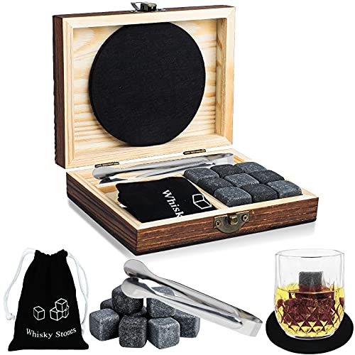 ProChosen Whisky Steine Set, 9 Eiswürfel wiederverwendbar aus Basalt mit Samtbeutel, hochwertiger Holzbox und Edelstahl Zange und 2 Untersetzer für Whiskey, Wodka, Gin & Mehr(Schwarz)