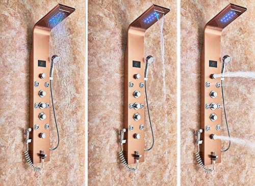Columna de Ducha para Baño Dorado Rosa, Panel de Ducha con 5 Modos, Luz LED, Cascada y Chorro Giratorio, Grifo Hidroeléctrico con Bidet miniatura 3