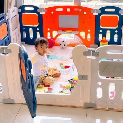 Image of Assembly-Free 14 Panel Playard, Baby Playpen Fence with Crawling Mat and Football for Baby Upto 8 Years with Safety Locking Door & Drawing Board (150x150cm, Foldable) -Blue