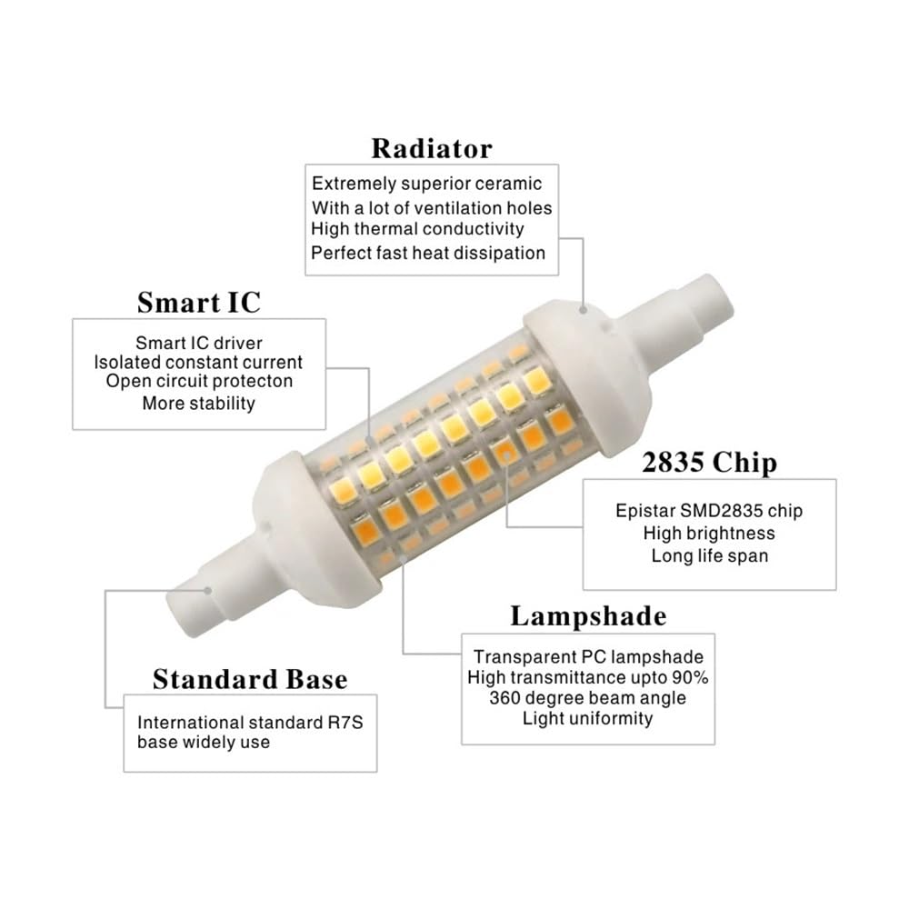 RZL Lighting, Paquete de 6 bombillas LED 78 mm/118 mm/135 mm R7S AC220V SMD2835 lámpara LED luz de maíz(Cold White,12W 135mm)