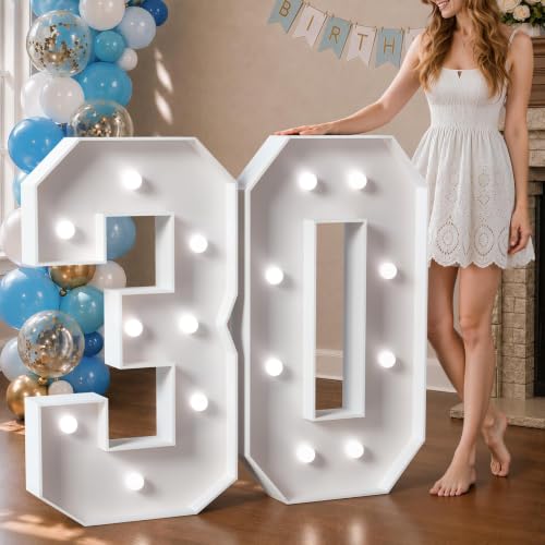 Image of Marquee Numbers 3 Feet Tall Big Light Up Numbers 30th Birthday Decorations Women Men White Anniversary Party Decor Large Cardboard Prop Backdrop Sign 30