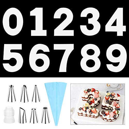 SelfTek 0-9 Large Number Cake Molds DIY Baking Cake Stencils Templates 14 Inch with 6 Icing Tips Icing Smoother and Pastry Bags for Wedding Birthday Anniversary