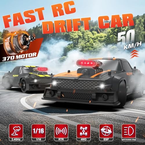 Image of 1 /16 RC Drift Car with Gyro Full Proportional 4WD 50KM /h High Speed Remote Control Cars, Drift Racing Vehicle with Lights and 2 Batteries, RTR RC Sport Race Cars for Adults and Kids Gift