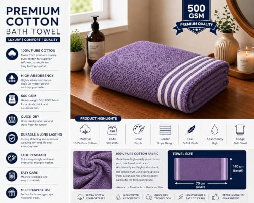 Image of Kiyro 100% Cotton Towels for Bath | Towels for Bath Large Size Bath Towel - Soft & Absorbent | 500 GSM | Towel for Men /Women | Urban Comfort | 70 cms x 140 cms Purple.Sweet.pop (Purple.POPV2)