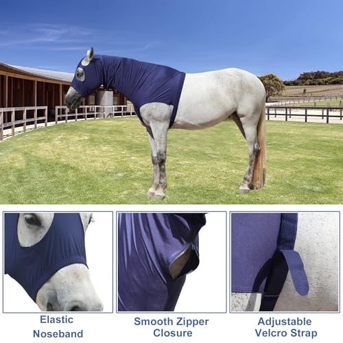 Image of Horse Slinky Hood with Zipper, Stretch Spandex Sleazy Hood for Mane Protection, Breathable Horse Neck Cover for Show Prep, Braids Saver, Sleek Grooming Under Blanket Use Navy X-Large