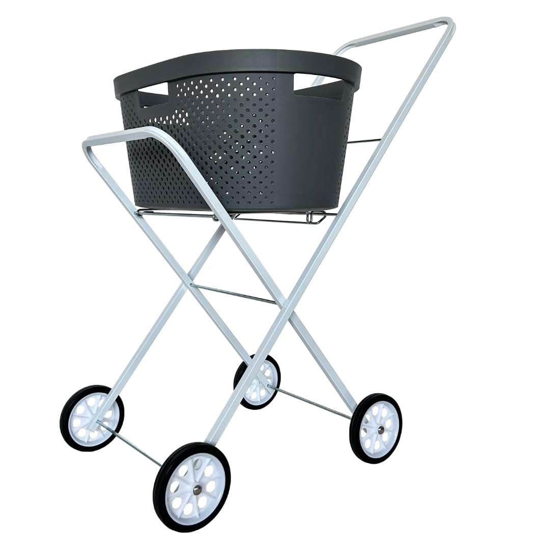 abc HOME | Wäschekorbwagen Klappbar mit Rollen – 92 cm Hoch – Mobiles Wäschekorbgestell aus Metall – Weißer Haushaltswagen mit Ablagefläche