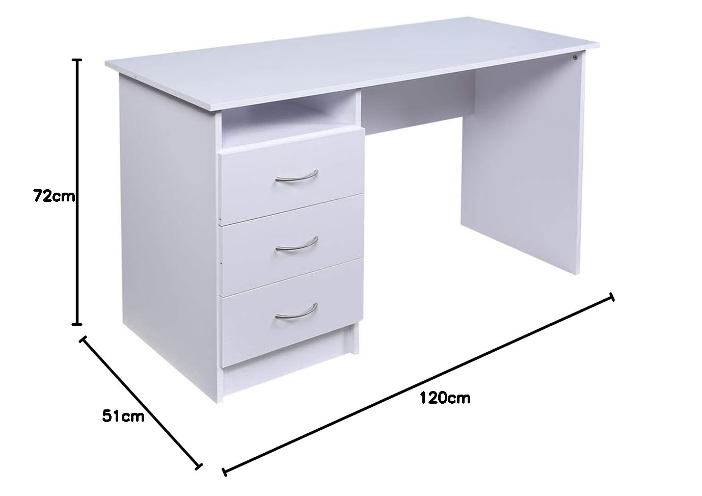 BAKAJI Scrivania con Cassettiera 3 Cassetti + Ripiano Aperto Tavolo da Lavoro Porta Pc Computer in Legno MDF Arredamento Casa Ufficio Cameretta Design Moderno Dimensione 120 x 51 x 72 cm (Bianco)