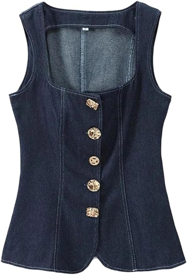 Women's Denim Suspender Two Piece Set Square Neck Sleeveless Vest Wide Leg Pants Outfit