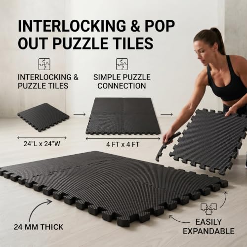 Image of EASYHOME 24mm Interlocking Gym Mats for Floor, Super Thick Workout Mat for Heavy Exercise & Floor Protection, EVA Foam Mat- 60x60cm (4 Tiles - 16Sqft)