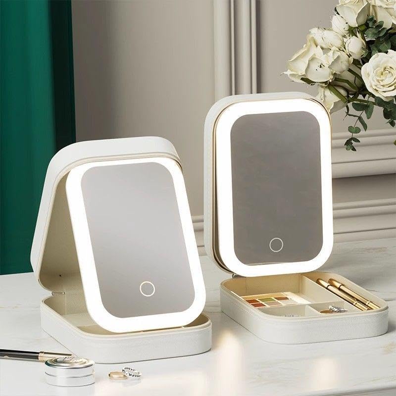 Image of PRIMIT LED Travel Jewelry Case and Makeup Bag with Mirror, Dust-Proof Jewelry Box, 10 Sealed Jewelry Bags - Compact Cosmetic Mirror Case for Women Girls Travel Essentials (White)