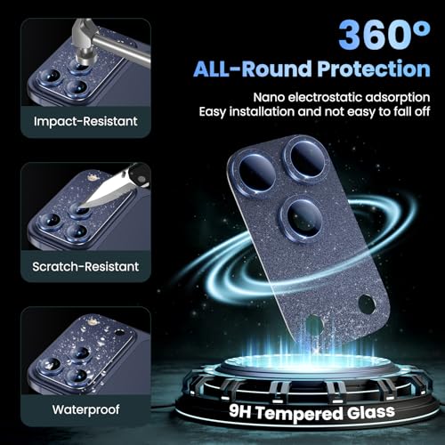 Image of Uyiton Compatible with iPhone 17 Pro Max Camera Lens Protector Bling - [Not Easy to Break][Strong Adsorption][Case-Friendly] Metal Tempered Glass Rear Camera Screen Cover - Glitter Blue
