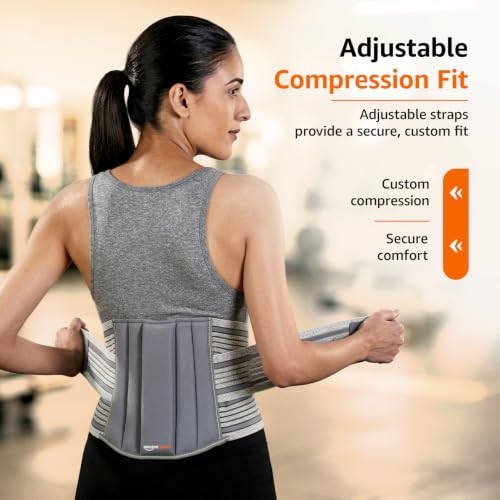 Image of Amazon Basics Lumbar Sacral Belt | Adjustable Back Support for Lower Back Pain & Muscle Spasms | Breathable Compression for Lifting, Sitting & Daily Use | Men & Women | Medium