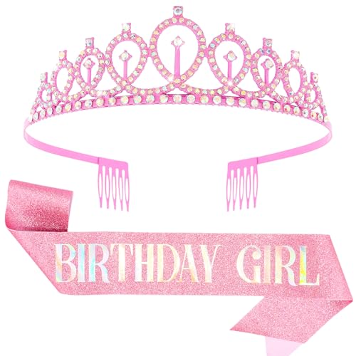 CIEHER Pink Birthday Girl Crown &amp; Sash Set | Princess Tiara and Glitter Sash for Girls, Women, Perfect Birthday Party Accessories