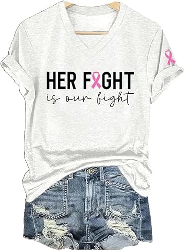 Women's Her Fight is Our Fight Breast Cancer Awareness Pink Ribbon Printed T-Shirt (White, XL)