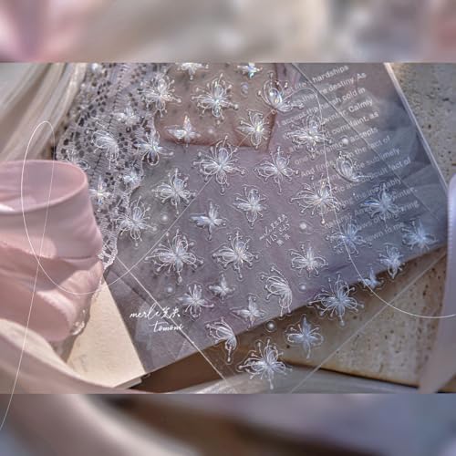 Image of White Flower Nail Art Stickers Butterfly Nail Stickers Decals with Jelly Design 5D Embossed Self Adhesive Floral Nails Charms for Women Girls Manicure Decoration Accessories Supply 1 Sheets