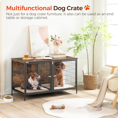 Dog Crate Furniture for 2 Dogs, 43.3" Dog Kennel with Removable Divider, Heavy Sturdy Dog Furniture Style Double Cage for Small Medium Dog, Indoor Pet House End Table, Rustic Brown DCHR1201 - Image 3