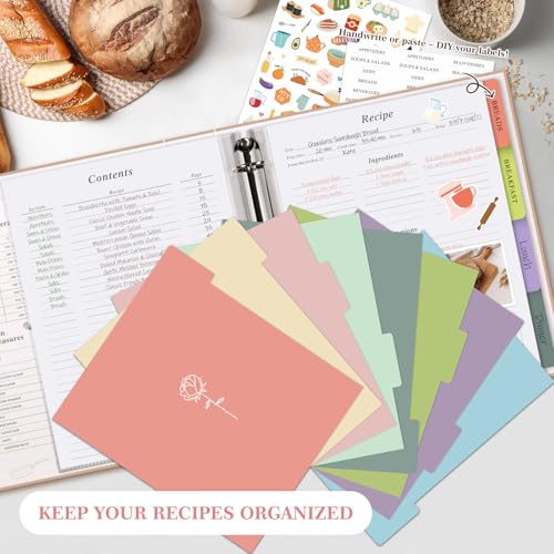 Lanpn Recipe Binder 8.5x11 3 Ring Kit, Waterproof Recipe Book Organizer Binder to Write in Your Own Recipes, Blank Cookbook with 60 Plastic Sleeves,116 Recipes, Dividers, Labels & Stickers, Green by Lanpn - Image 6