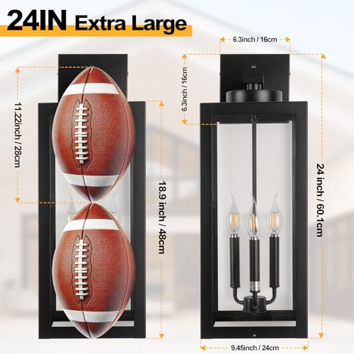 Image of 24 inch Extra Large Fully Enclosed Dusk to Dawn Outdoor Light Fixture 3-Light | Black Outdoor Porch Lantern Wall Mount, Waterproof Outside Wall Sconce Coach Light with Tempered Glass for House, E12, 1-Pack