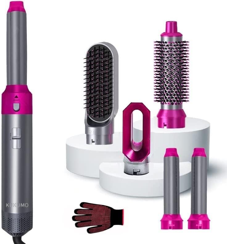 2023 New Update Hair Dryer Brush, 5 in 1 Hair Styler Negative Ion Comb for Rotating Straightening, Curling, Salon Hot Air Brush, Hair Curler with Various Brush Heads (A - Gray)