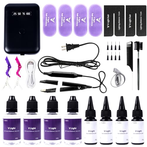V Light Hair Extensions Kit Mini V Light Hair Extension Set With V Light Lamp*1 V light glue*4 Hair Extensions Remover*4 VLight Remover Machine*1 comb*1 clip*2 for Salon Hairstyles(Black machine set)