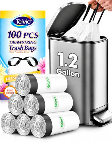 1.2 Gallon 100 Counts Small Drawstring Trash Bags by Teivio, Fit1,1.3,1.5 Gallon Bathroom Trash Can Bin Liners, 5-6 Liter Small Plastic Garbage Bags for home kitchen office, White